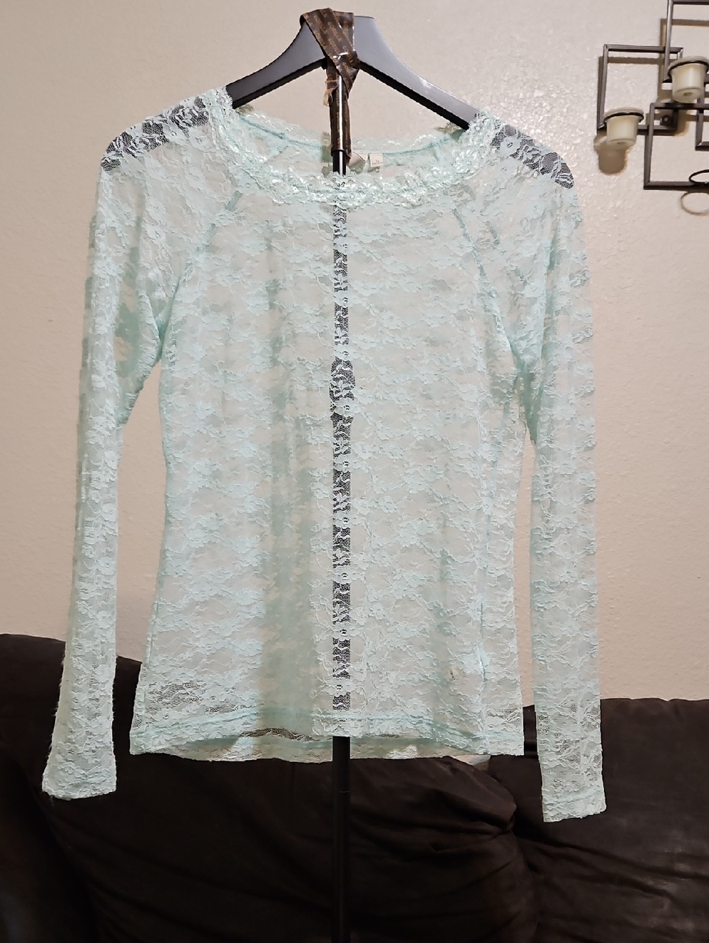 Mudd Mint Lace Long Sleeve Sheer Top